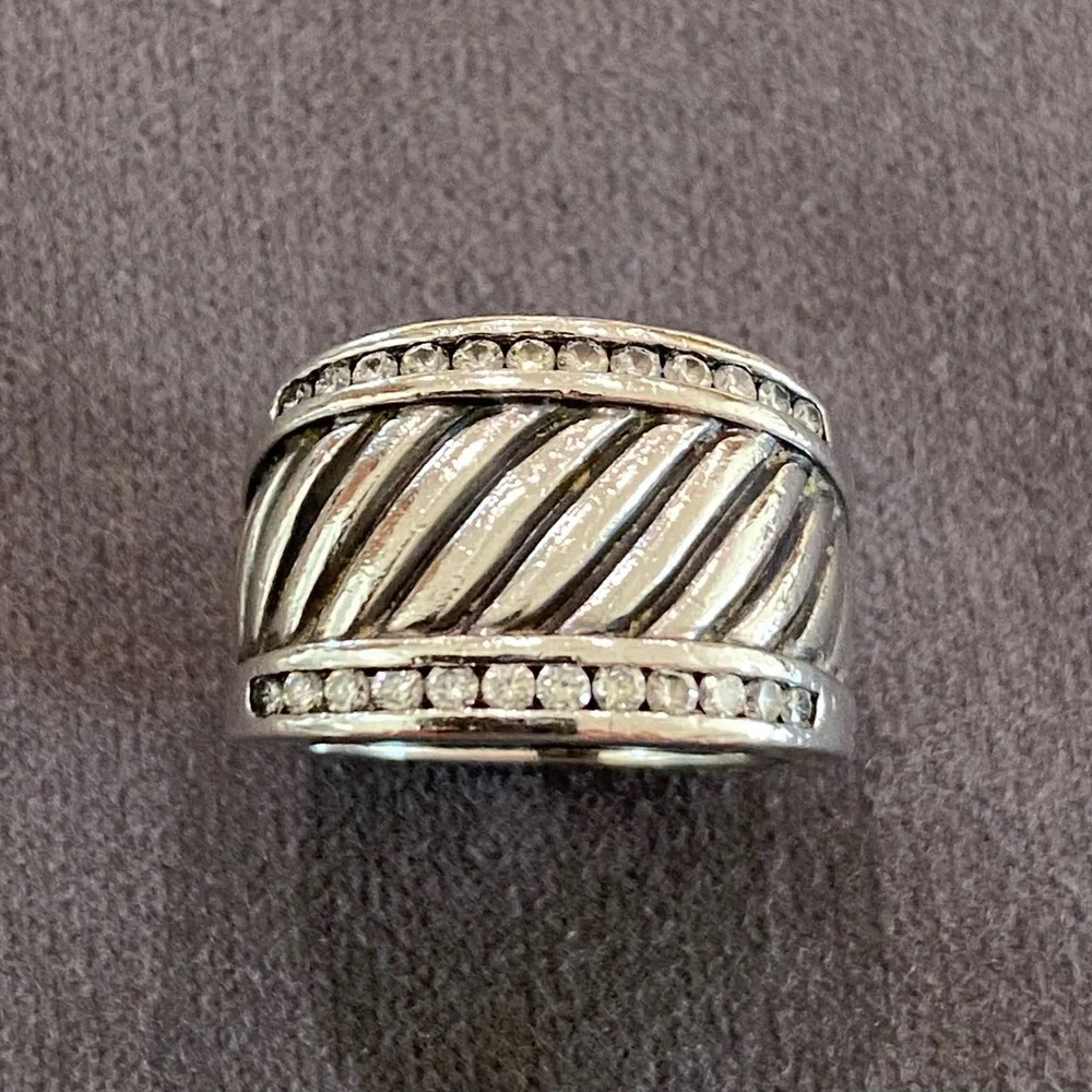 David Yurman Sterling Silver Ice Cigar Band with Diamonds Size 7